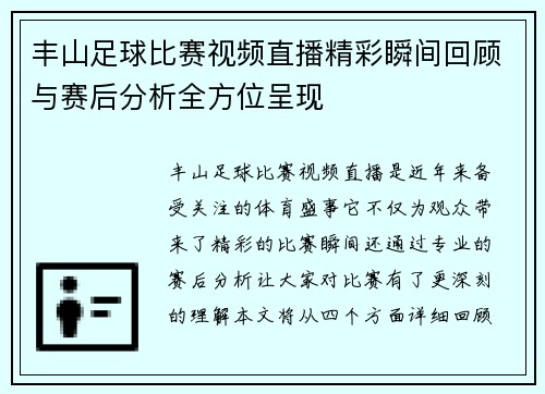 丰山足球比赛视频直播精彩瞬间回顾与赛后分析全方位呈现